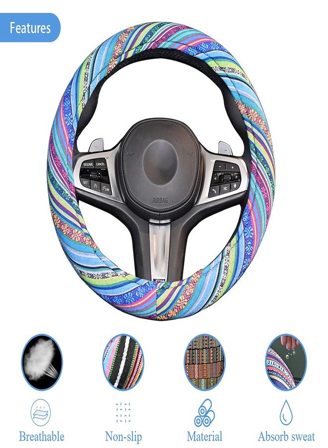 LSAUTO Universal 15inch Sweat Absorption Steering Wheel Cover with Coarse Flax Cloth SWC0 (Boho-blue2) - Image 4