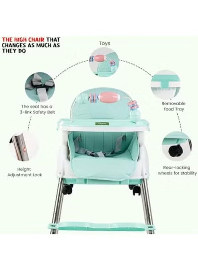 Happy Kiddo 4 in 1 Nora Convertible High Chair for Kids with Adjustable Height and Footrest, Baby Toddler Feeding Booster Seat with Tray, Wheels, Safety Belt and Cushion For 6 Months to 4 Years (Green) - Image 3