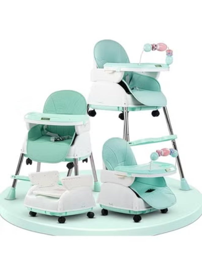 Happy Kiddo 4 in 1 Nora Convertible High Chair for Kids with Adjustable Height and Footrest, Baby Toddler Feeding Booster Seat with Tray, Wheels, Safety Belt and Cushion For 6 Months to 4 Years (Green) - Image 1