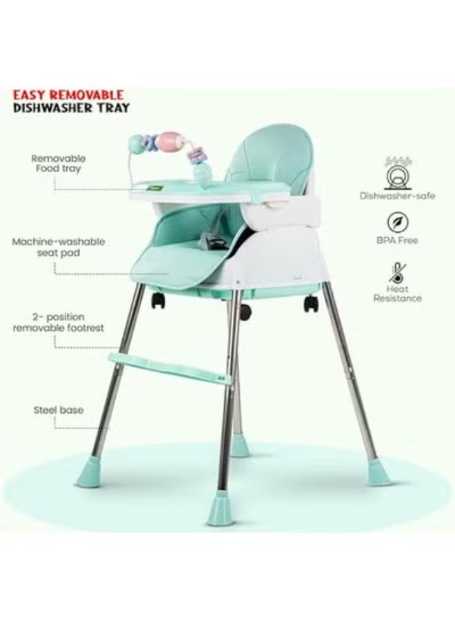 Happy Kiddo 4 in 1 Nora Convertible High Chair for Kids with Adjustable Height and Footrest, Baby Toddler Feeding Booster Seat with Tray, Wheels, Safety Belt and Cushion For 6 Months to 4 Years (Green) - Image 2