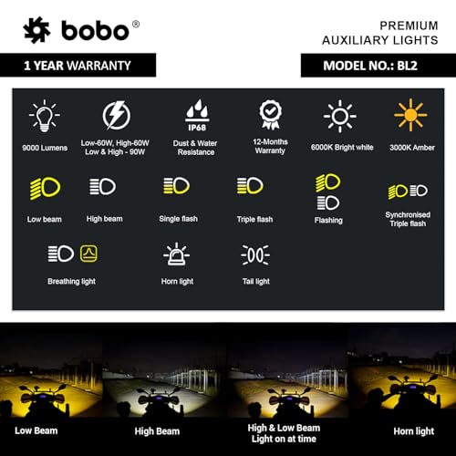 BOBO BL2 Premium Motorcycle Auxiliary Lights, IP68 Waterproof, 9000 Lumens LED, Dual Colour 6000K/3000K, Multiple Beam Modes - Image 3
