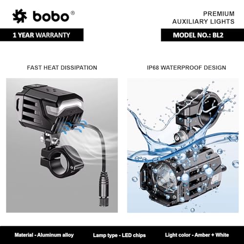 BOBO BL2 Premium Motorcycle Auxiliary Lights, IP68 Waterproof, 9000 Lumens LED, Dual Colour 6000K/3000K, Multiple Beam Modes - Image 2