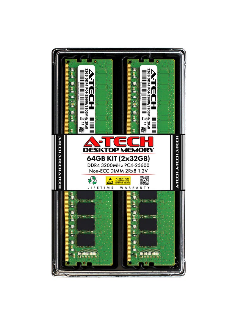 A-TECH A-Tech 64GB (2x32GB) DDR4 3200 MHz UDIMM PC4-25600 (PC4-3200AA) CL22 DIMM 2Rx8 Non-ECC Desktop RAM Memory Modules  - Image 1