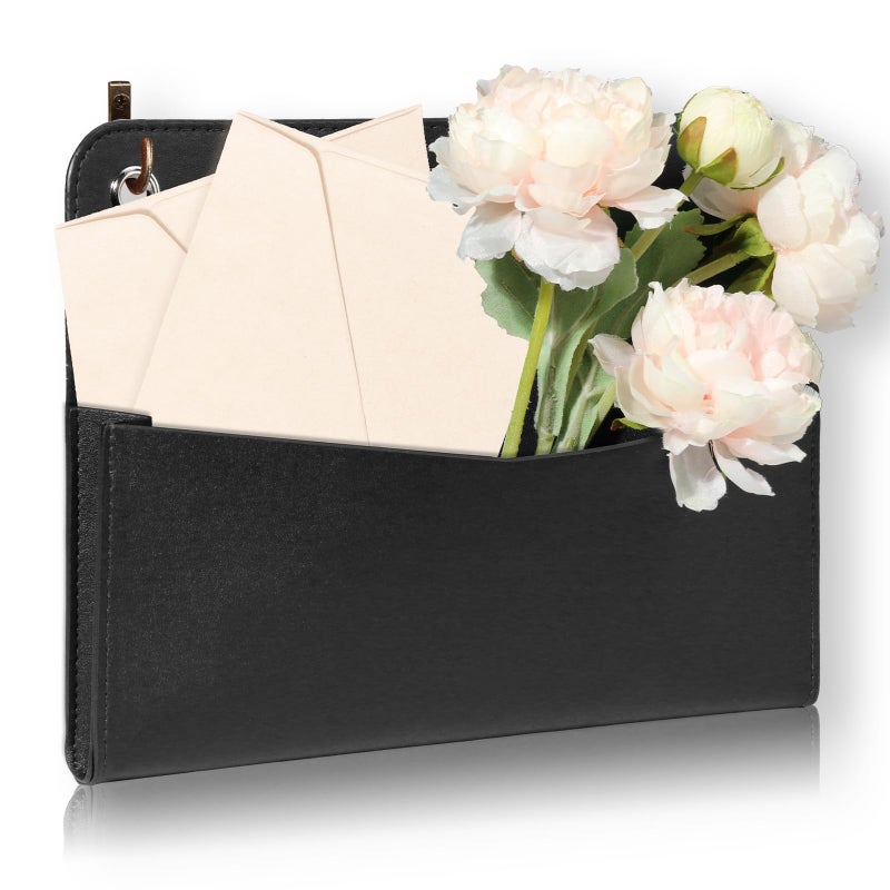 MSHUNKEJI Wall Mount PU Leather Mail Holder Black Faux Leather Letter Holder 2 Ring 98 x 77 x 14 File Organizer Stylish Wall Hanging Mail Storage for Flowers Envelope Key Notebooks Home Office Decor - Image 2