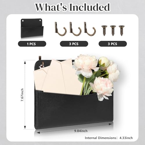 MSHUNKEJI Wall Mount PU Leather Mail Holder Black Faux Leather Letter Holder 2 Ring 98 x 77 x 14 File Organizer Stylish Wall Hanging Mail Storage for Flowers Envelope Key Notebooks Home Office Decor - Image 3