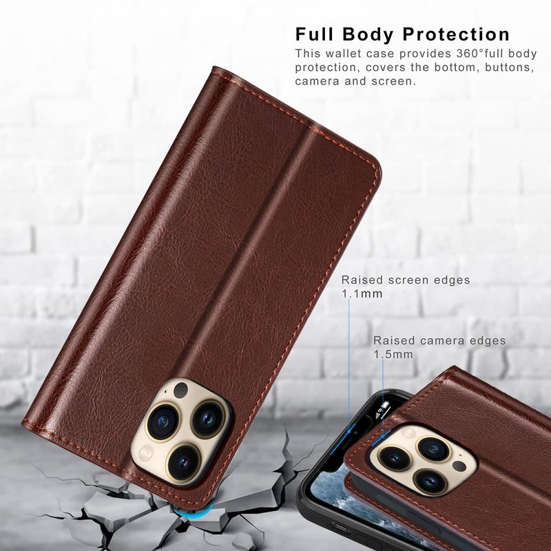 Belemay Compatible with iPhone 14 Pro Max Case Wallet-Genuine Leather Flip Case-RFID Blocking Card Holders-Shockproof TPU Shell Folio Cover Women Men Compatible with iPhone 14 Pro Max (6.7-inch) Brown - Image 3