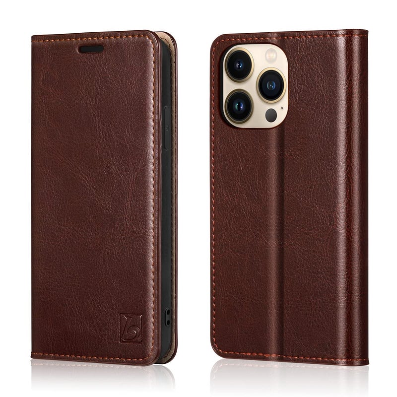 Belemay Compatible with iPhone 14 Pro Max Case Wallet-Genuine Leather Flip Case-RFID Blocking Card Holders-Shockproof TPU Shell Folio Cover Women Men Compatible with iPhone 14 Pro Max (6.7-inch) Brown - Image 1