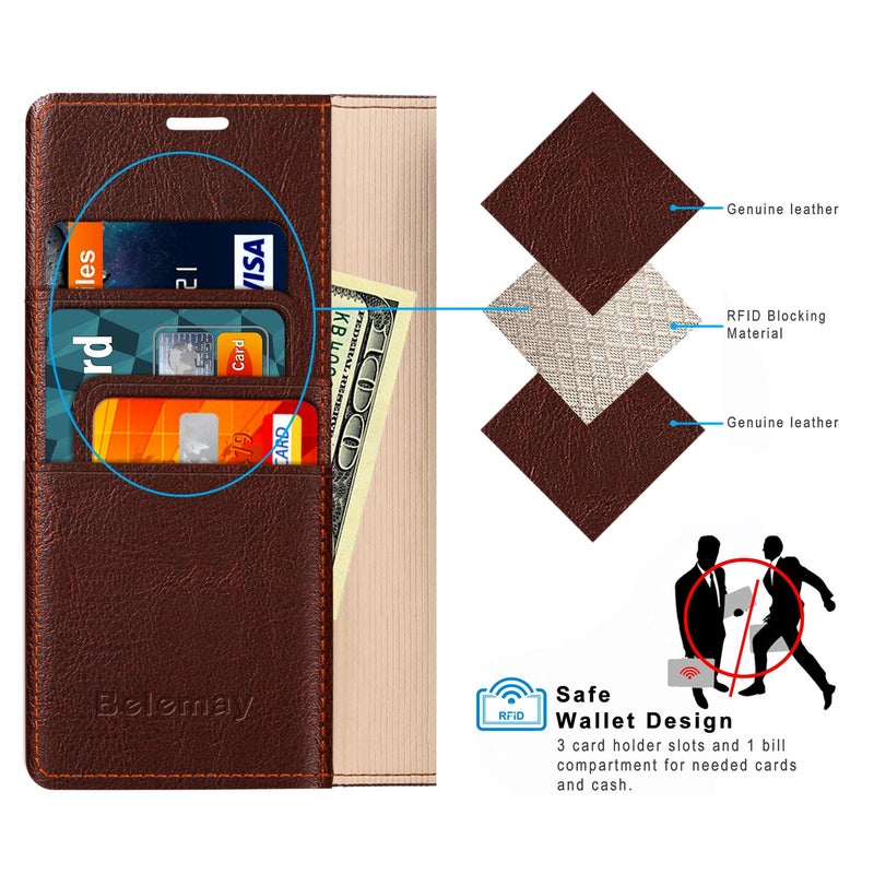 Belemay Compatible with iPhone 14 Pro Max Case Wallet-Genuine Leather Flip Case-RFID Blocking Card Holders-Shockproof TPU Shell Folio Cover Women Men Compatible with iPhone 14 Pro Max (6.7-inch) Brown - Image 5