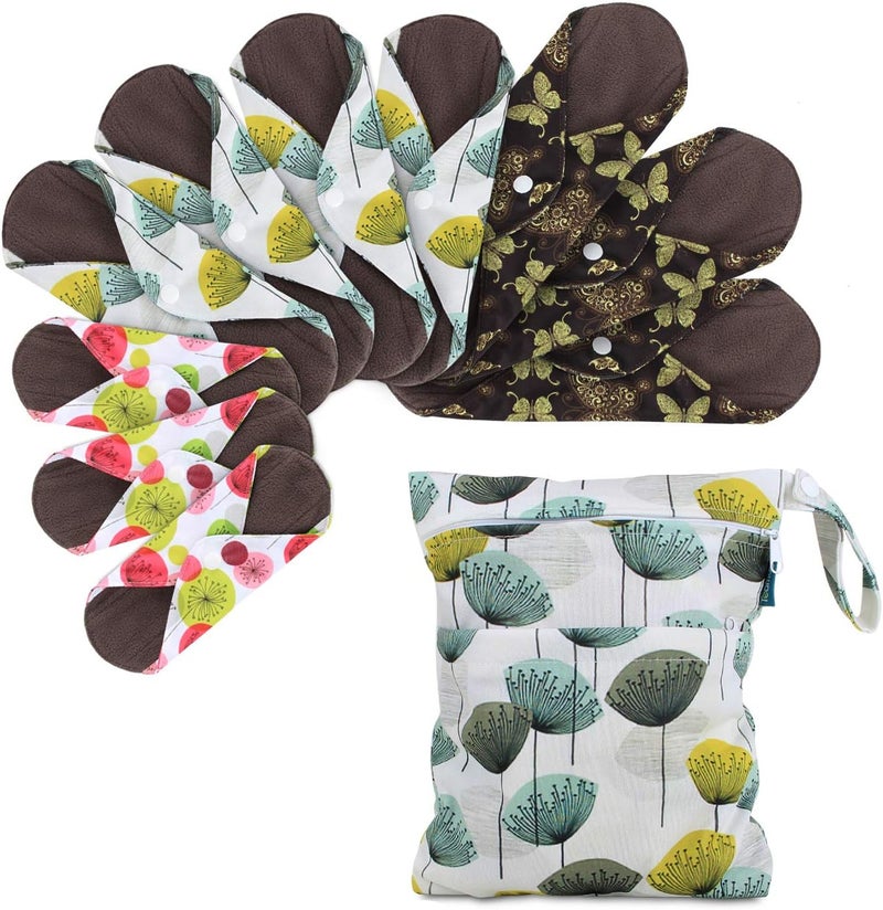 Teamoy 10pcs Cloth Panty Liners Reusable Sanitary Pads with Wet bag Washable Cloth Menstrual Pads with Charcoal Absorbency Layers Country Style 3pcs794pcs103pcs116 11 Piece Set