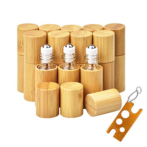 AUHOKY 12Pcs Bamboo Roll on Bottles for Essential Oils, Portable Massage Oil Bottle with Stainless Steel Roller Ball, Reusable Travel Perfumes Sample Lip Gloss Container (1 Opener) (5ML) - Image 1