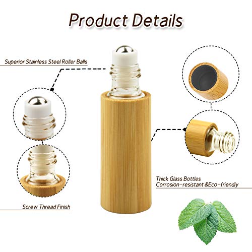 AUHOKY 12Pcs Bamboo Roll on Bottles for Essential Oils, Portable Massage Oil Bottle with Stainless Steel Roller Ball, Reusable Travel Perfumes Sample Lip Gloss Container (1 Opener) (5ML) - Image 4