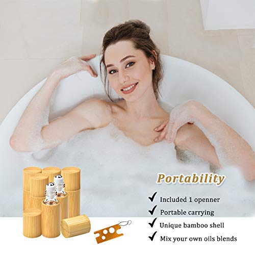 AUHOKY 12Pcs Bamboo Roll on Bottles for Essential Oils, Portable Massage Oil Bottle with Stainless Steel Roller Ball, Reusable Travel Perfumes Sample Lip Gloss Container (1 Opener) (5ML) - Image 3