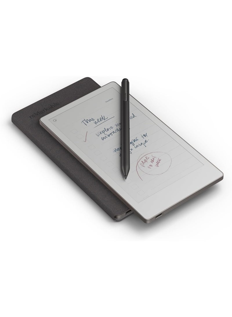 Remarkable حزمة reMarkable Paper Pro Move - غلاف منسوج | جهاز لوحي ورقي ملون فائق الحمل بحجم 7.3" مع قلم ماركر وقلم مع ممحاة، وغلاف كتاب بتصميم منسوج - بازلت - Image 1