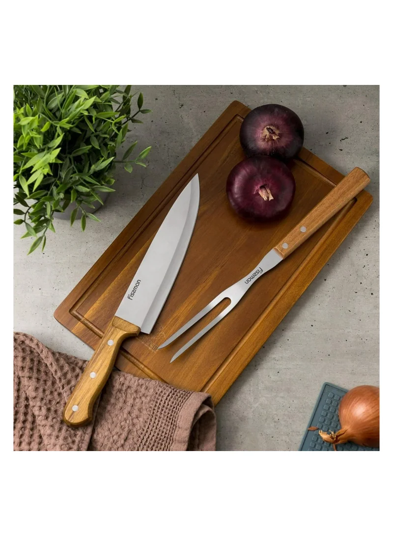Fissman 3-Piece BBQ Set Grill Tool, Stainless Steel Acacia Cutting Board, 8'' Chef Knife, Carving Meat Fork