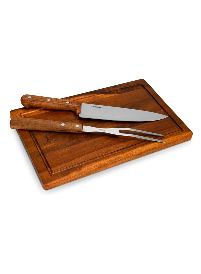 Fissman 3-Piece BBQ Set Grill Tool, Stainless Steel Acacia Cutting Board, 8'' Chef Knife, Carving Meat Fork