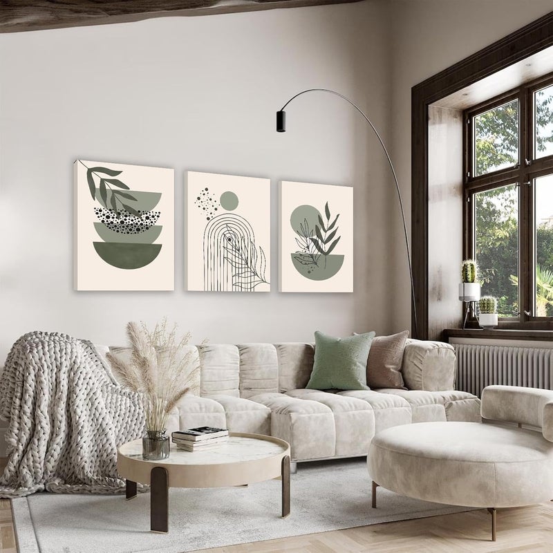 KBKBART Sage Green Boho Wall Art, Abstract Framed Canvas Wall Art Geometric Line Leaf Sun Moon Beige Green Wall Decor - Image 4