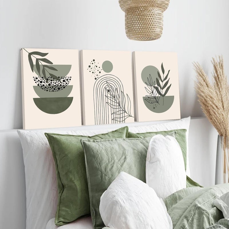 KBKBART Sage Green Boho Wall Art, Abstract Framed Canvas Wall Art Geometric Line Leaf Sun Moon Beige Green Wall Decor - Image 3