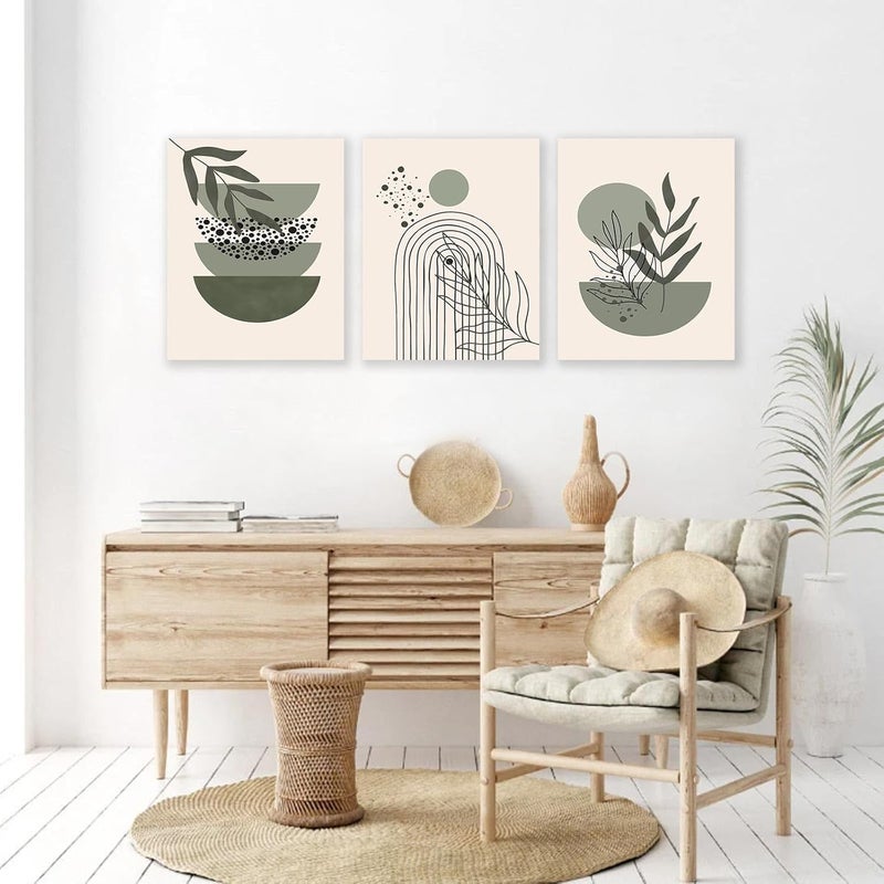 KBKBART Sage Green Boho Wall Art, Abstract Framed Canvas Wall Art Geometric Line Leaf Sun Moon Beige Green Wall Decor - Image 2