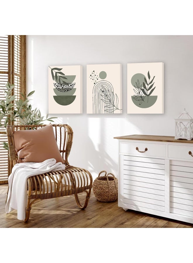 KBKBART Sage Green Boho Wall Art, Abstract Framed Canvas Wall Art Geometric Line Leaf Sun Moon Beige Green Wall Decor - Image 5