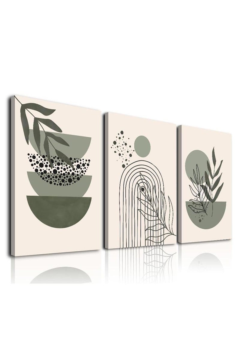 KBKBART Sage Green Boho Wall Art, Abstract Framed Canvas Wall Art Geometric Line Leaf Sun Moon Beige Green Wall Decor - Image 1