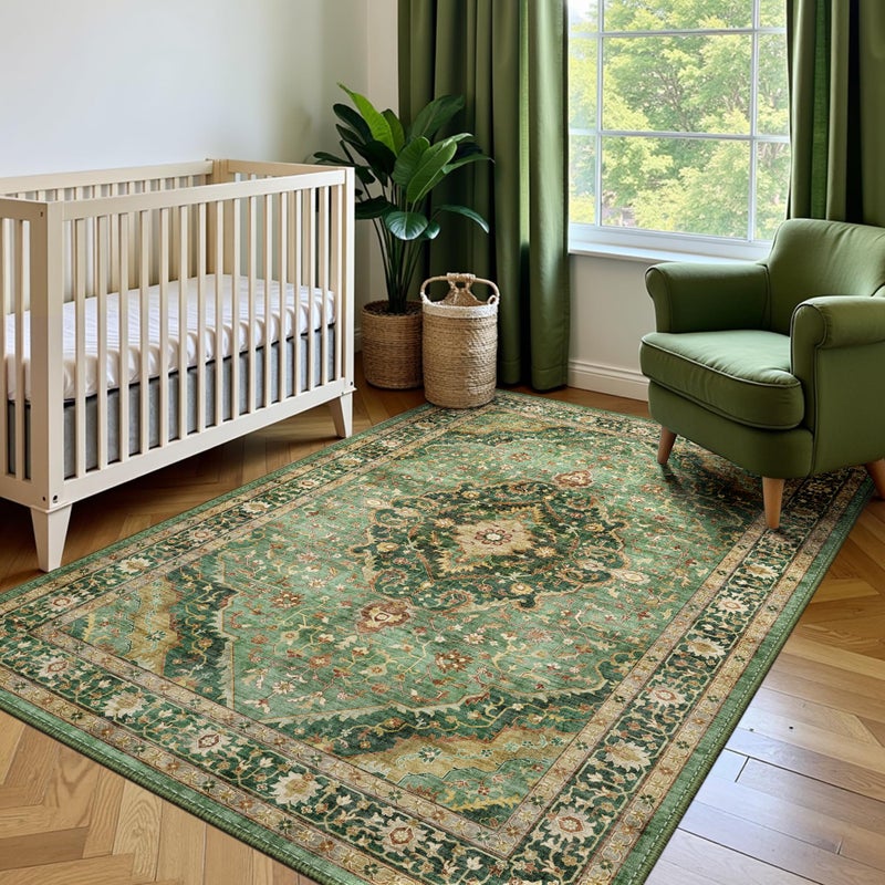 Deerly Green Rug 3x5 Area Rug with Non-Slip Backing, Washable Rugs for Bedroom Living Room Kitchen, Distressed Carpet Printed Low-Pile Soft Dorm Rug Room Decor(Border Green) - Image 1