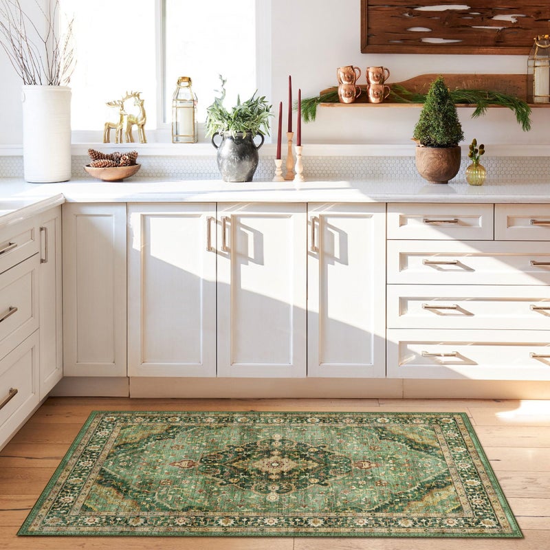 Deerly Green Rug 3x5 Area Rug with Non-Slip Backing, Washable Rugs for Bedroom Living Room Kitchen, Distressed Carpet Printed Low-Pile Soft Dorm Rug Room Decor(Border Green) - Image 3