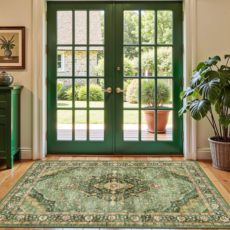 Deerly Green Rug 3x5 Area Rug with Non-Slip Backing, Washable Rugs for Bedroom Living Room Kitchen, Distressed Carpet Printed Low-Pile Soft Dorm Rug Room Decor(Border Green) - Image 2