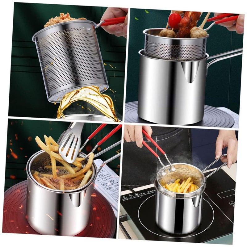 Stainless Steel Fryer Mini Food Stainless Steel Frying Pan Outdoor Deep Fryer Fish Fryer Pot Fryer Cookware Turkey Fryer Pot Kitchen Fry Pot Mini Fryer with Basket Frying Pot (sliver) - Image 5