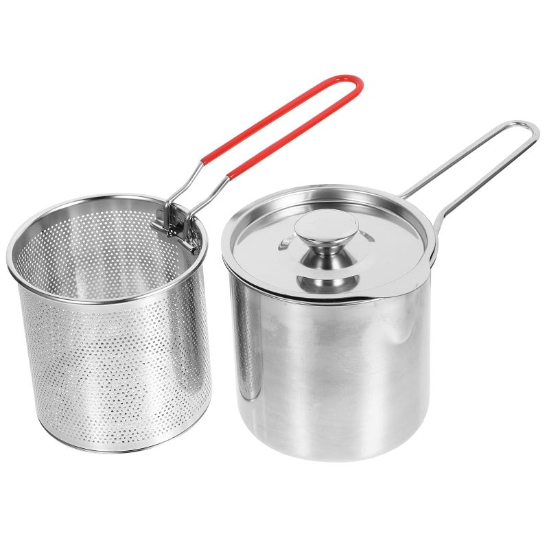 Stainless Steel Fryer Mini Food Stainless Steel Frying Pan Outdoor Deep Fryer Fish Fryer Pot Fryer Cookware Turkey Fryer Pot Kitchen Fry Pot Mini Fryer with Basket Frying Pot (sliver) - Image 2
