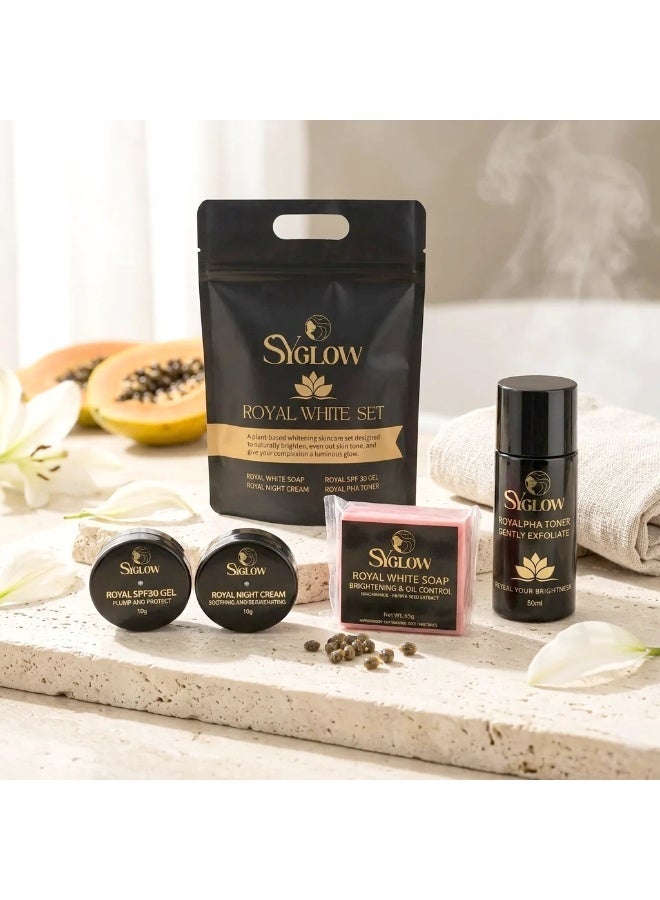 Sy Glow Royal White Set – Professional Whitening Care for Face & Skin Crafted for individuals seeking effective skincare support, this complete set helps improve skin tone appearance, minimize dullness, and encourage a smoother, healthier-looking complexion with regular use. - Image 2