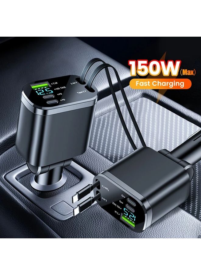 150W Black Car Charger With Dual USB A And Type C Ports Fast Charging Adapter - Image 1