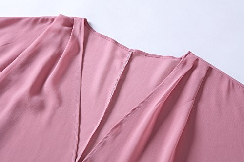 olrain Women's Floral Print Sheer Chiffon 3/4 Bat Sleeve Casual Loose Kimono Cardigan Capes (X-Large, Pink) - Image 3