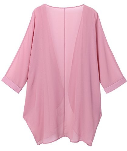 olrain Women's Floral Print Sheer Chiffon 3/4 Bat Sleeve Casual Loose Kimono Cardigan Capes (X-Large, Pink) - Image 2