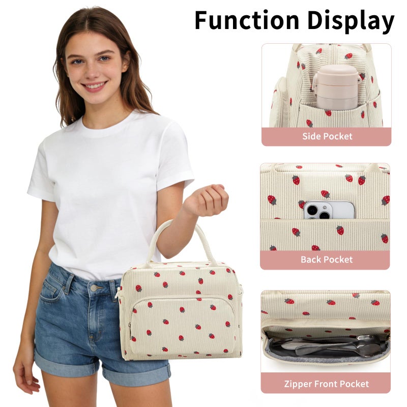 GASSDA Lunch Box for Women Insulated Lunch Bag Women Adult Cute Lunch Bags Reusable Lunchbox Cooler Tote Bag for Work Picnic (Beige-Strawberry) - Image 4