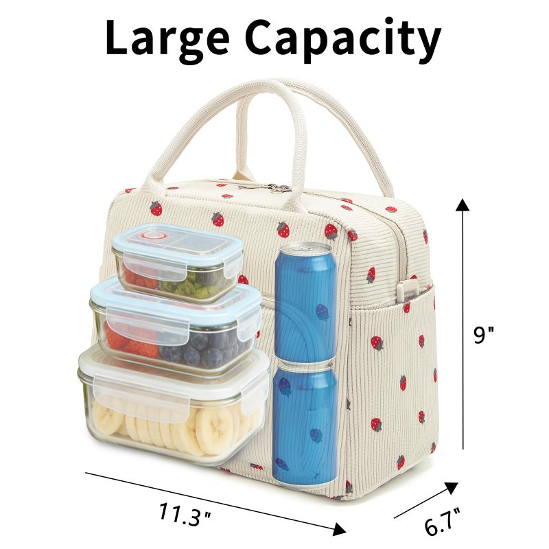 GASSDA Lunch Box for Women Insulated Lunch Bag Women Adult Cute Lunch Bags Reusable Lunchbox Cooler Tote Bag for Work Picnic (Beige-Strawberry) - Image 3