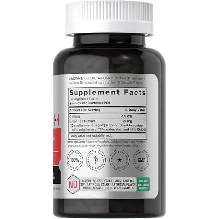 Horbäach Caffeine Pills 200mg | with Green Tea | 200 Tablets | Vegetarian, Non-GMO & Gluten Free - Image 2
