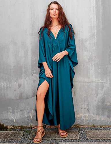 Bsubseach Women Casual Kaftan Dress Batwing Sleeve Plus Size Swimsuit Cover Up Maxi Caftan Dresses Peacock Blue - Image 3