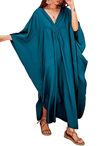 Bsubseach Women Casual Kaftan Dress Batwing Sleeve Plus Size Swimsuit Cover Up Maxi Caftan Dresses Peacock Blue - Image 1