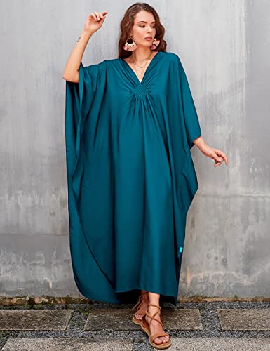 Bsubseach Women Casual Kaftan Dress Batwing Sleeve Plus Size Swimsuit Cover Up Maxi Caftan Dresses Peacock Blue - Image 4