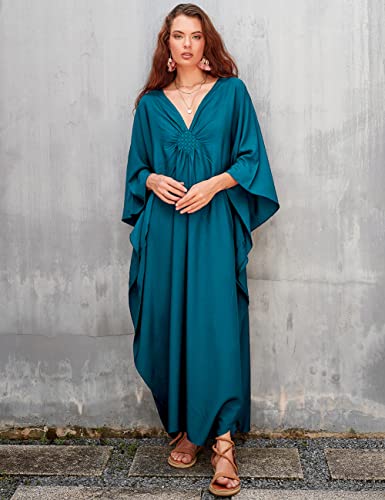 Bsubseach Women Casual Kaftan Dress Batwing Sleeve Plus Size Swimsuit Cover Up Maxi Caftan Dresses Peacock Blue - Image 2