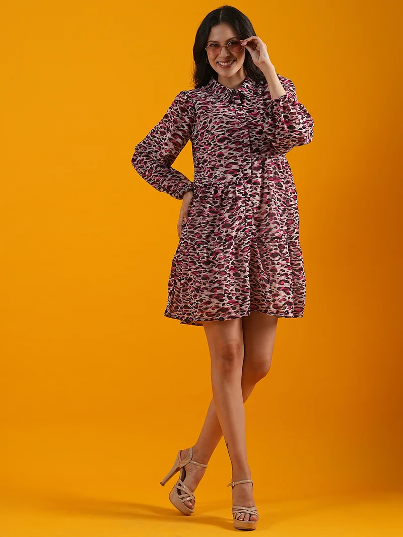 globus Globus Women Pink Animal Print Tiered Georgette A-Line Dress