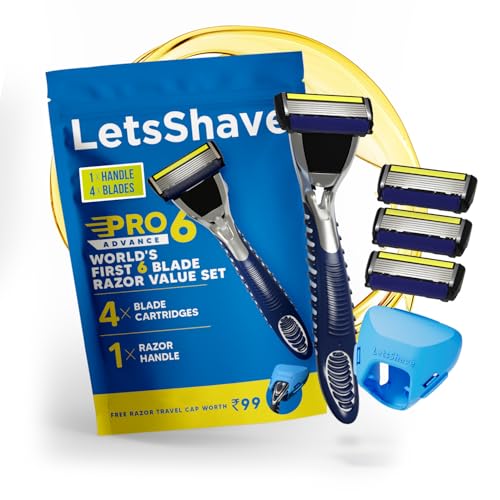 LetsShave Pro 6 Advance Shaving Razor Value Set with 4 Blades 1 Handle + Razor Cap, World's First 6-Blade Razor with Precision Back Blade Argan Oil & Aloe Vera Infused moisturizing strip, Shaving Kit - Image 1