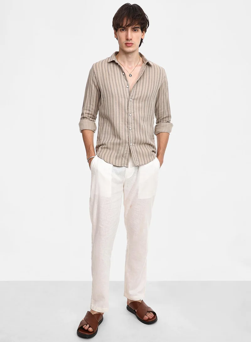 Campus Sutra Campus Sutra Men's Khaki Brown Halo-Striped Shirt For Casual Wear | Spread Collar | Long Sleeve | Button Closure | Shirt Crafted With Comfort Fit For Everyday Wear