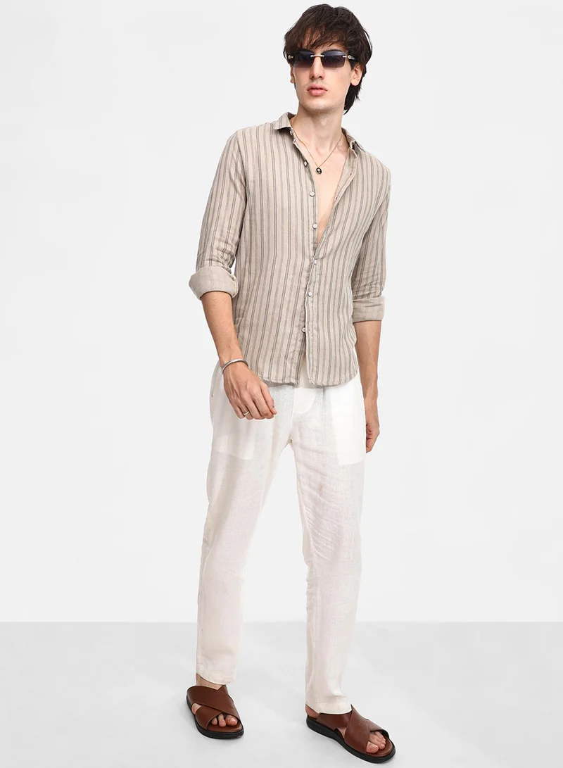 Campus Sutra Campus Sutra Men's Khaki Brown Halo-Striped Shirt For Casual Wear | Spread Collar | Long Sleeve | Button Closure | Shirt Crafted With Comfort Fit For Everyday Wear
