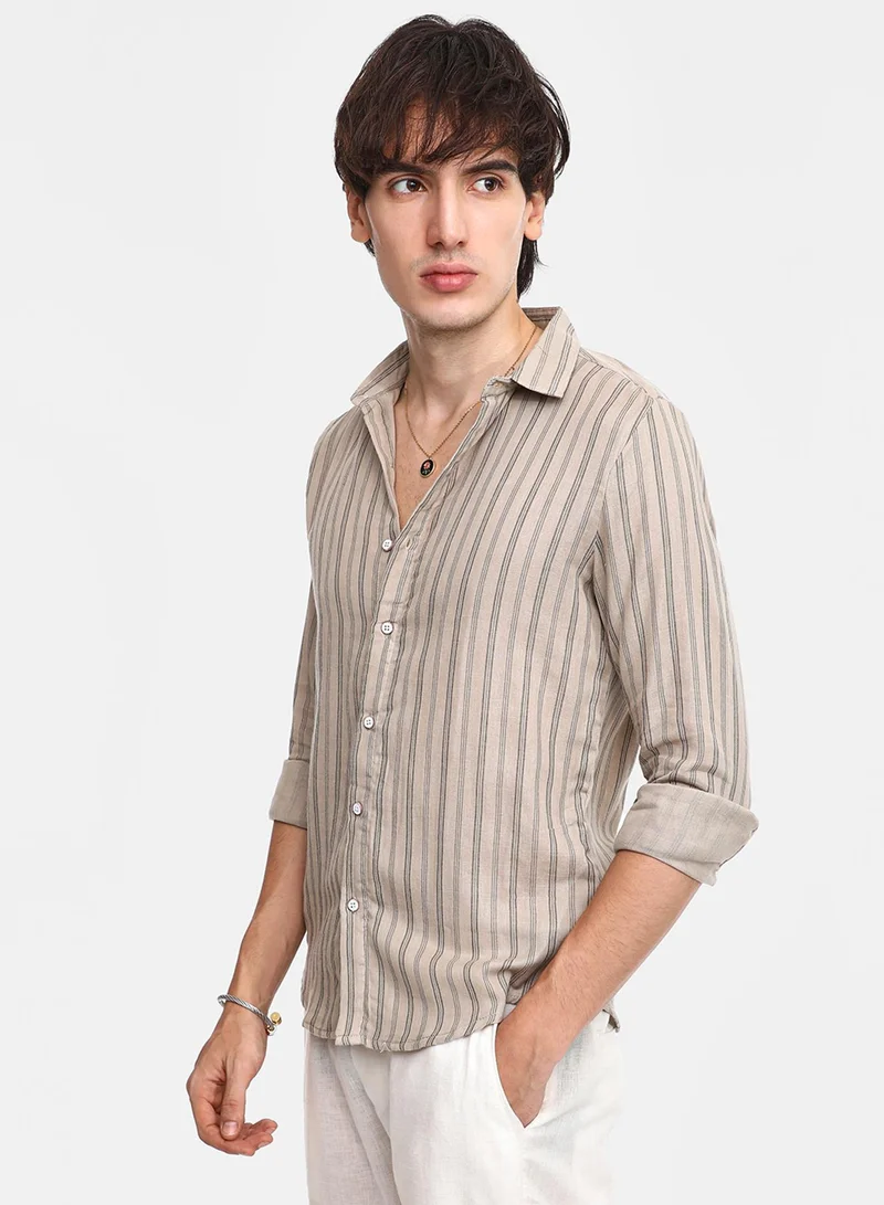 Campus Sutra Campus Sutra Men's Khaki Brown Halo-Striped Shirt For Casual Wear | Spread Collar | Long Sleeve | Button Closure | Shirt Crafted With Comfort Fit For Everyday Wear