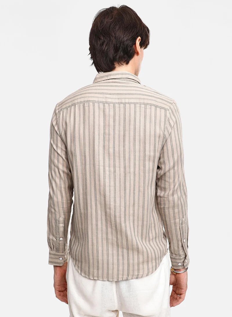 Campus Sutra Campus Sutra Men's Khaki Brown Halo-Striped Shirt For Casual Wear | Spread Collar | Long Sleeve | Button Closure | Shirt Crafted With Comfort Fit For Everyday Wear