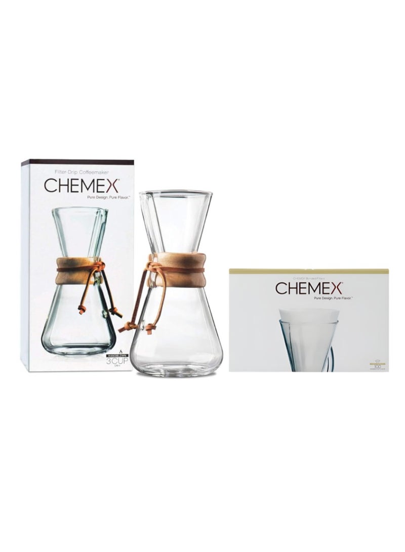 كيميكس حزمة 1 ماكينة قهوة كلاسيكية سعة 3 أكواب (15 أونصة) مع 100 قطعة من ورق فلتر القهوة نصف القمري - Image 1