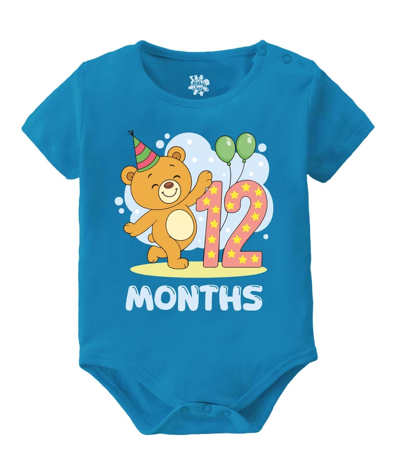 Baby Buzz 12 Months Teddy Bear Baby Milestone Dress– Cute Monthly Photoshoot Outfit | Baby Birthday Romper | 100% Cotton Bodysuit for Baby Boy & Girl (12 Months, Blue, 6-12 Months) - Image 1