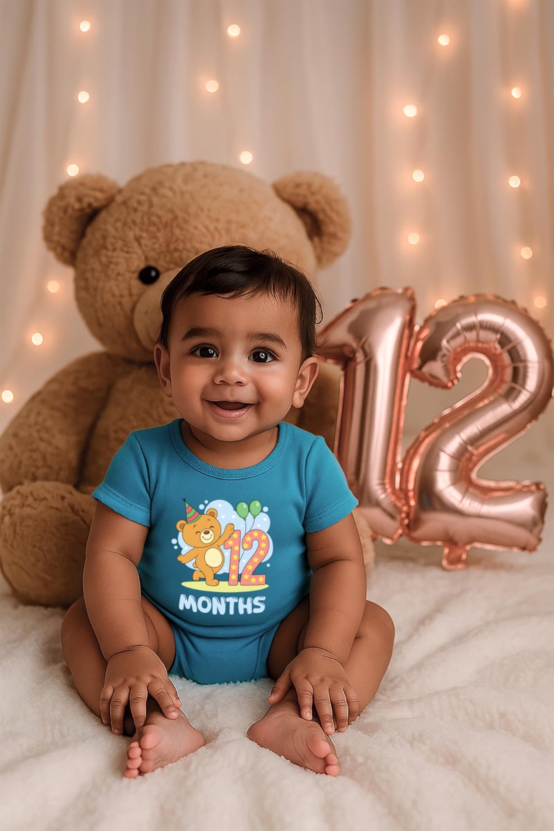 Baby Buzz 12 Months Teddy Bear Baby Milestone Dress– Cute Monthly Photoshoot Outfit | Baby Birthday Romper | 100% Cotton Bodysuit for Baby Boy & Girl (12 Months, Blue, 6-12 Months) - Image 2