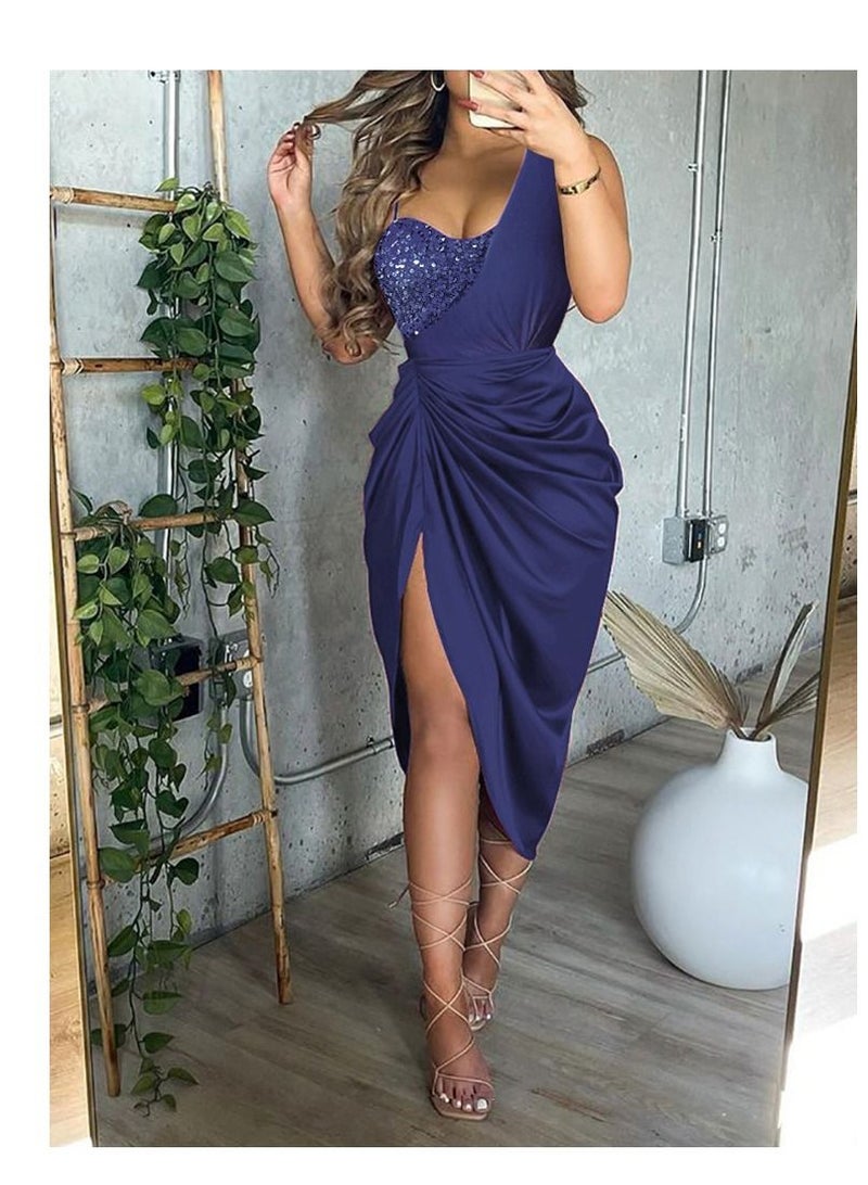 Loquat Fashion Bead Piece Slit Pleated One-Shoulder Dress 